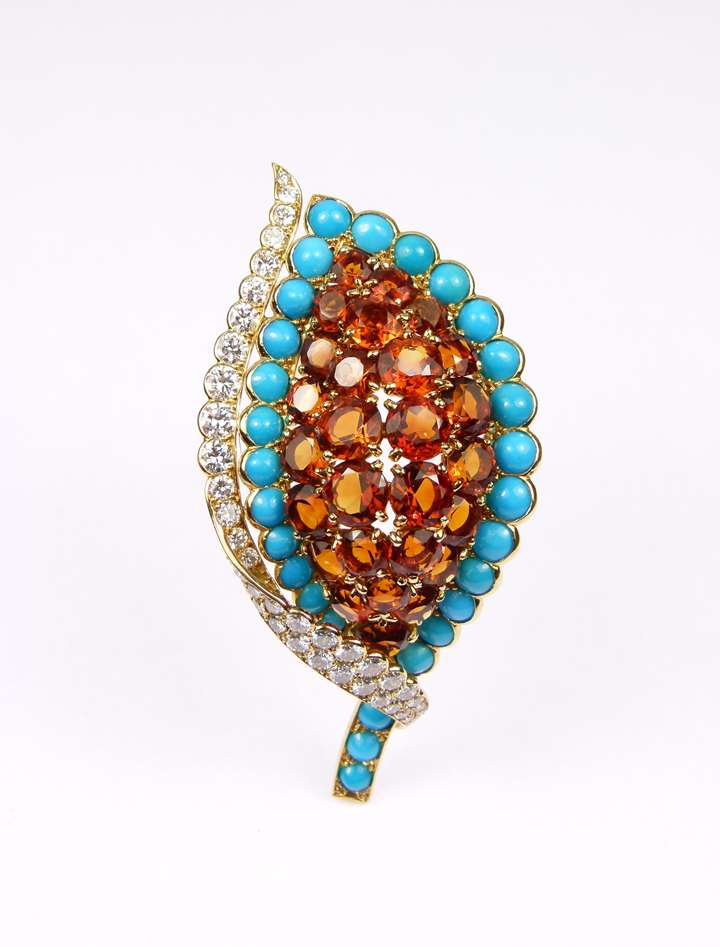 Citrine, turquoise and diamond leaf brooch